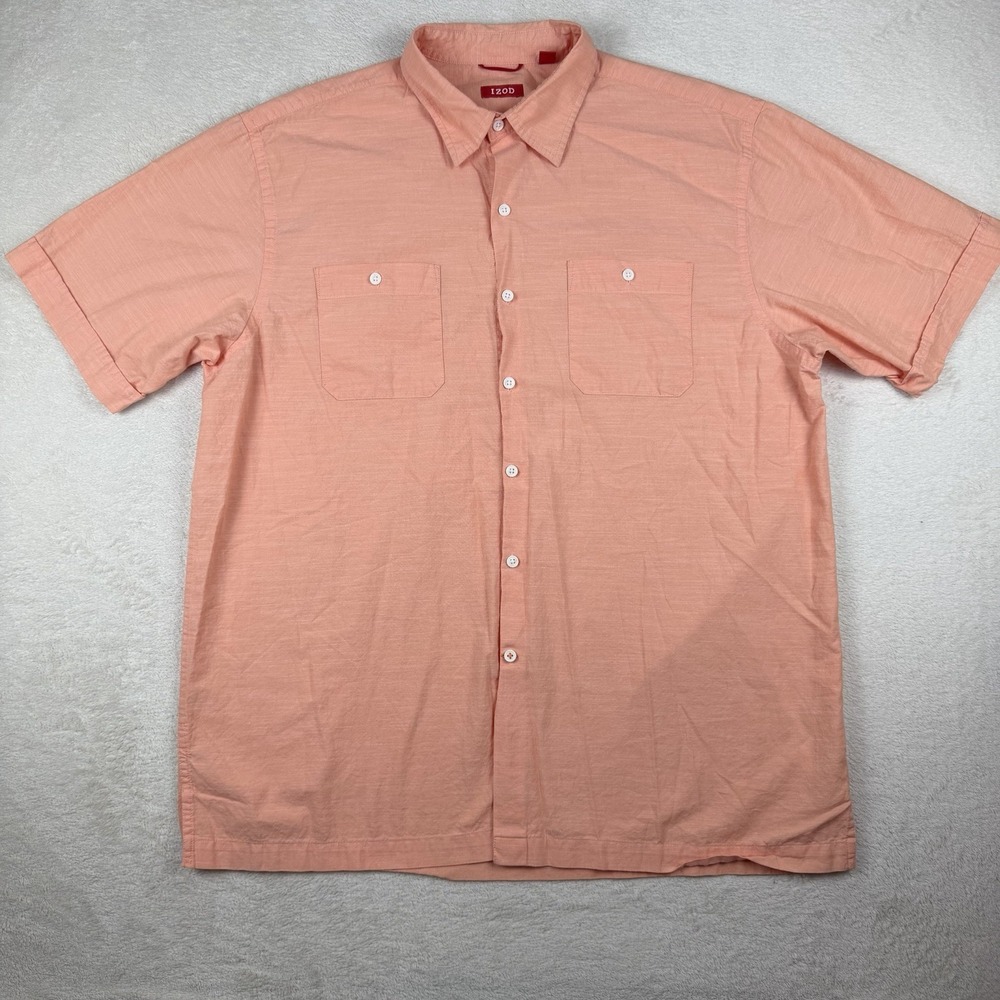 IZOD Men's Large Peach Salmon Short Sleeve Button Front Dual‎ Pockets Cotton